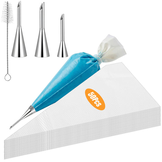 Cream Filling Piping Tip, 3 Pcs, Long Puff Nozzle Tips with 50 Disposable Pastry Piping Bags and Injector Tip Cleaning Brush for Donuts Cupcakes Cream Puffs Eclairs