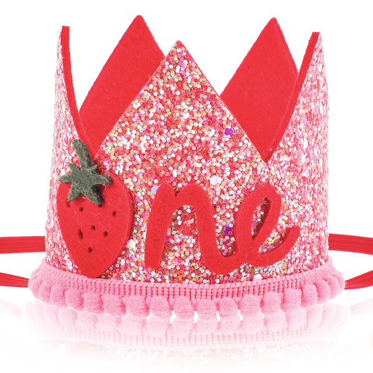 Baby Girl's Berry First Birthday Hat, Strawberry First Birthday Crown Pink Sequin Berry Headwear Glistening Pink Strawberry Cute One Party Headband Strawberries Shortcake Decorations with Photo Props