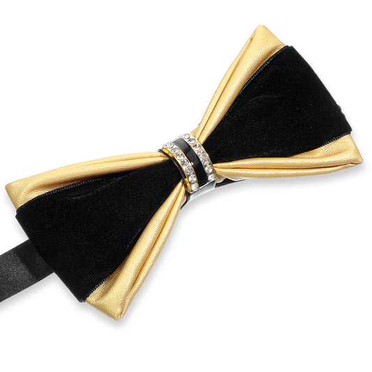 PU Leather Bow Ties for Men Pre-Tied Rhinestone Bowtie Adjustable Black Gold Tuxedo Bow Tie for Prom Wedding Party