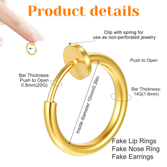 6Pcs clip on nose ring gold faux nose ring for Women double hoop lip cuff 20G 16G Fake Septum lip piercing