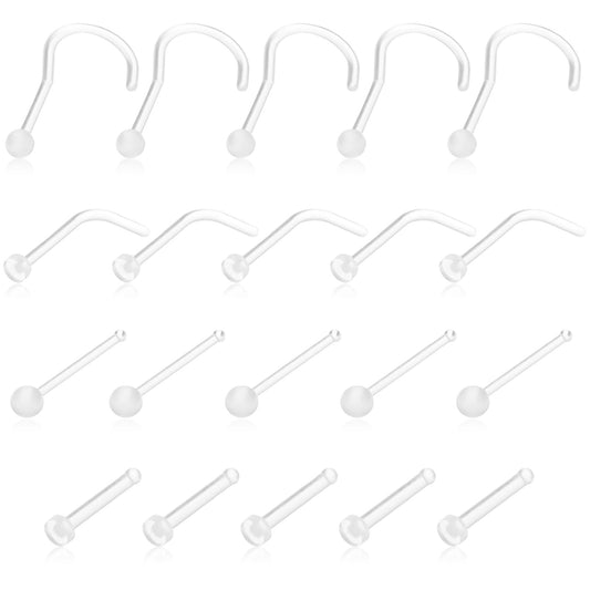 Yolev 20 Pcs Clear Nose Stud 4 Styles Acrylic L Shape Straight Nose Studs Piercing Retainers Invisible Bioflex Bone Stud Eyebrow Lip Labret Studs Septum Jewellery For Women Work Surgery Daily Wear