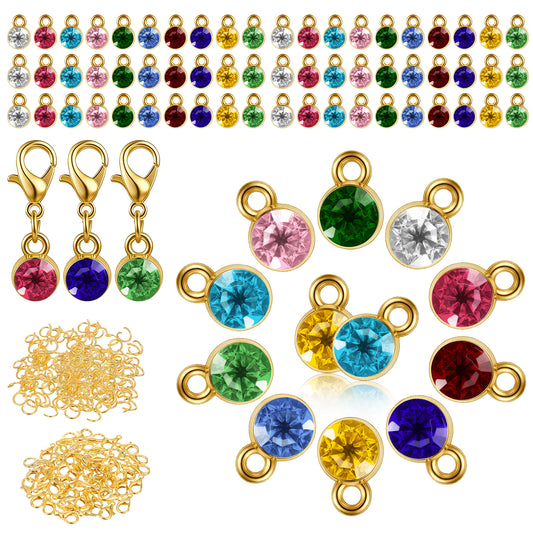 Neyauo 120 Pcs Crystal Charms for Jewelry Making, DIY Alloy Birthstone Beads, Round Bling Pendants with Lobster Clasps, Multiple Colors for Bracelets Necklaces Earrings(Gold)