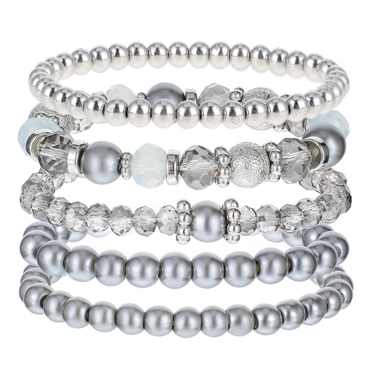 DIVINA VITAE 5 Pcs Beaded Stretch Bracelets Grey Stackable Bracelets Crystal Bead Bracelet Boho Beaded Bracelets Stretch Layering Crystal Stone Beaded Bracelets Trendy Costume Jewelry Gifts for Women