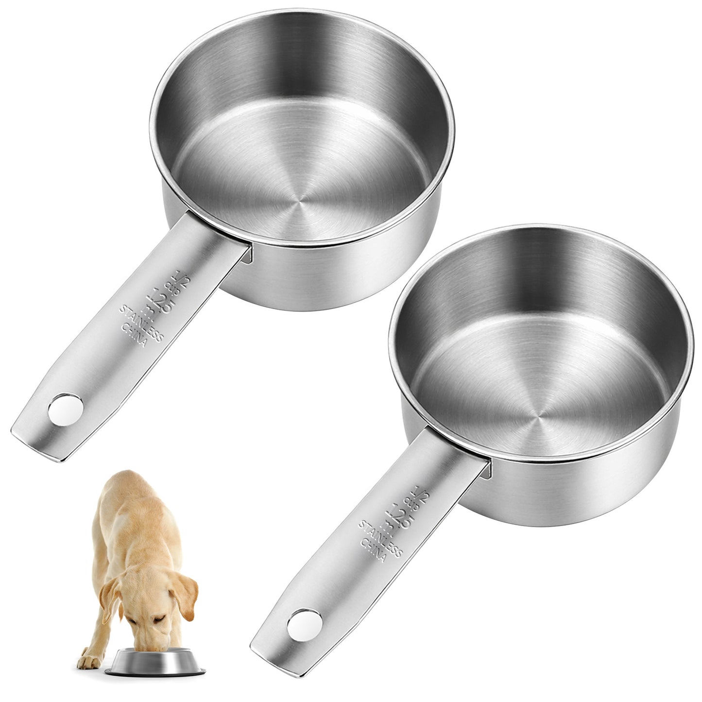 2 Pcs 1/2 Cup Dog Food Scoop 1/2 Cup Measuring Scoop 125 ml Stainless Steel Measuring Cups for Feeding Pet, Wet and Dry Ingredients