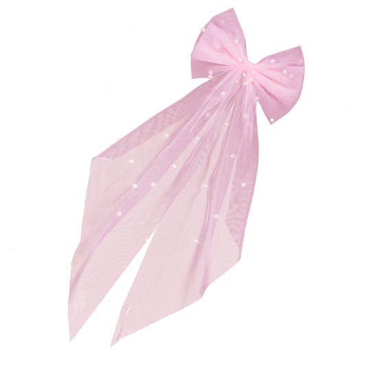 Bridal Hair Bow Veil with Pearl Wedding Veil with Barrette Short Tulle Hair Accessories for Bachelorette Party Bridal Shower(Pink)