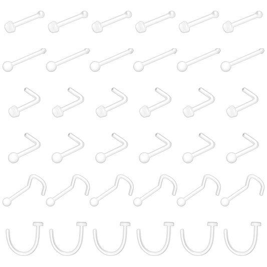 HekouJiub 36Pcs Clear Nose Studs Rings 20G Plastic Retainer Flexible Nose Rings for Work L Shape Flat Top Piercing Spacers Jewelry