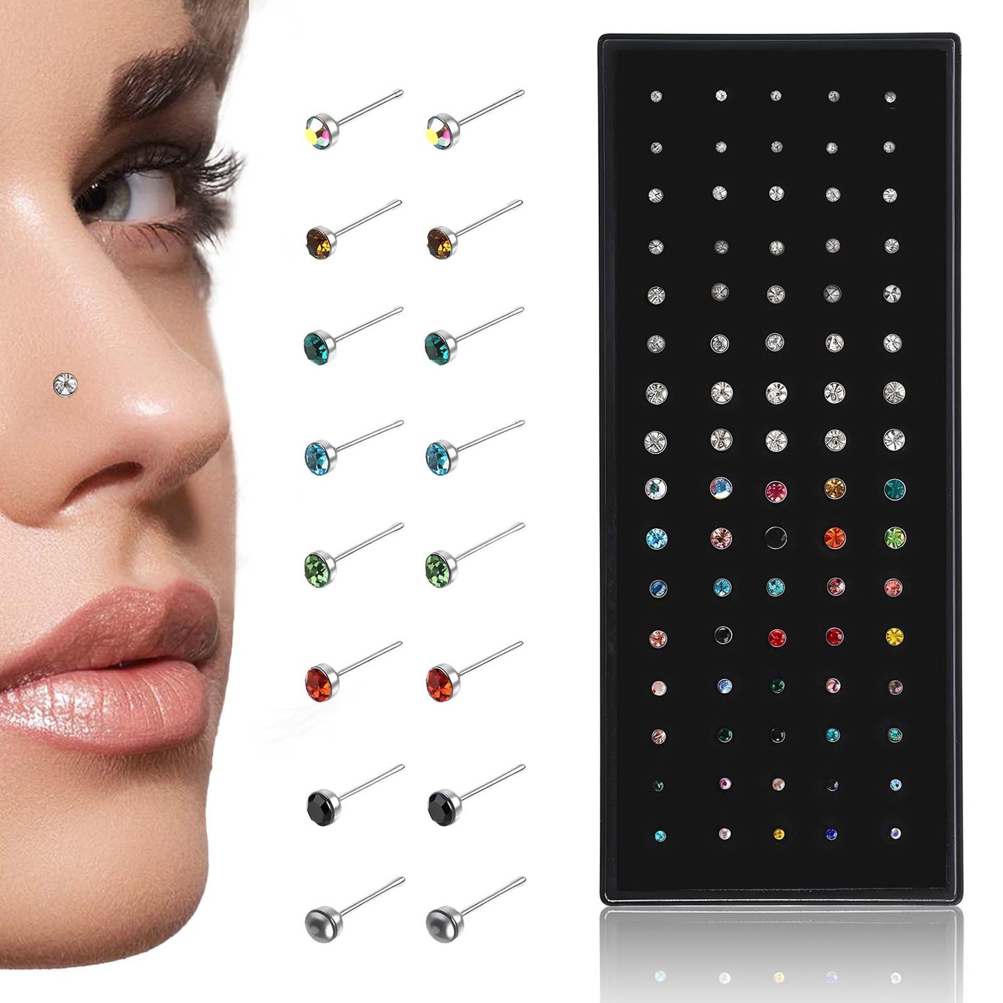 Telooco 80Pcs 22G Nose Studs Stainless Steel Nose Stufs Colorful Cubic Zirconia Nose Piercing Hypoallergenic Helix Earring Lip Nose Stud Tragus Piercing Jewellery