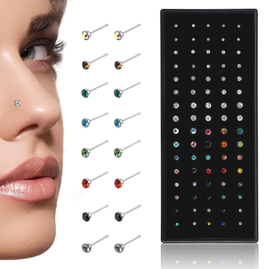 Telooco 80Pcs 22G Nose Studs Stainless Steel Nose Stufs Colorful Cubic Zirconia Nose Piercing Hypoallergenic Helix Earring Lip Nose Stud Tragus Piercing Jewellery