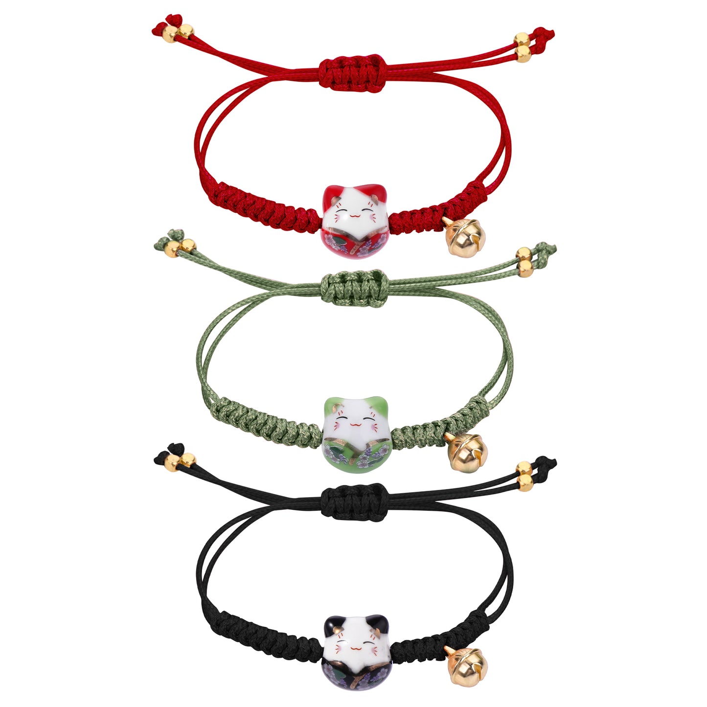 Telooco 3 Pcs Cat Maneki Neko Bracelet Set Adjustablel Ceramic Cat Braided Rope String Bracelet 6.3x10.2 Inches Lucky Cat Ceramic Beads Bracelets Lucky and Fortune Jewelry(Black, Red, Army Green)