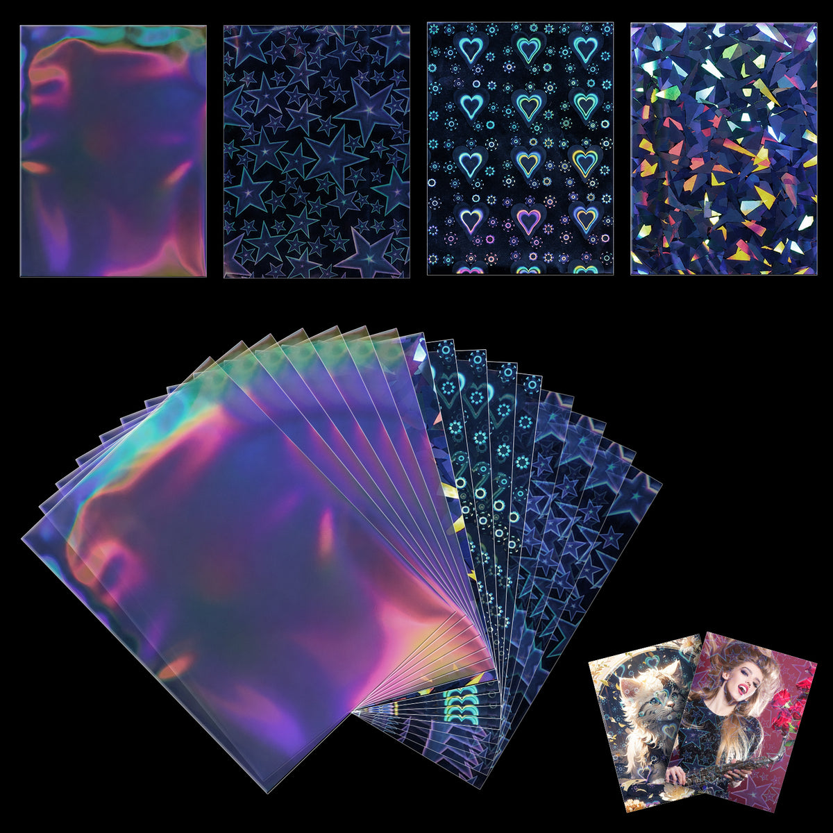 200 Pcs Holographic Card Sleeves 65x91mm, Heart Star Photocard Sleeves