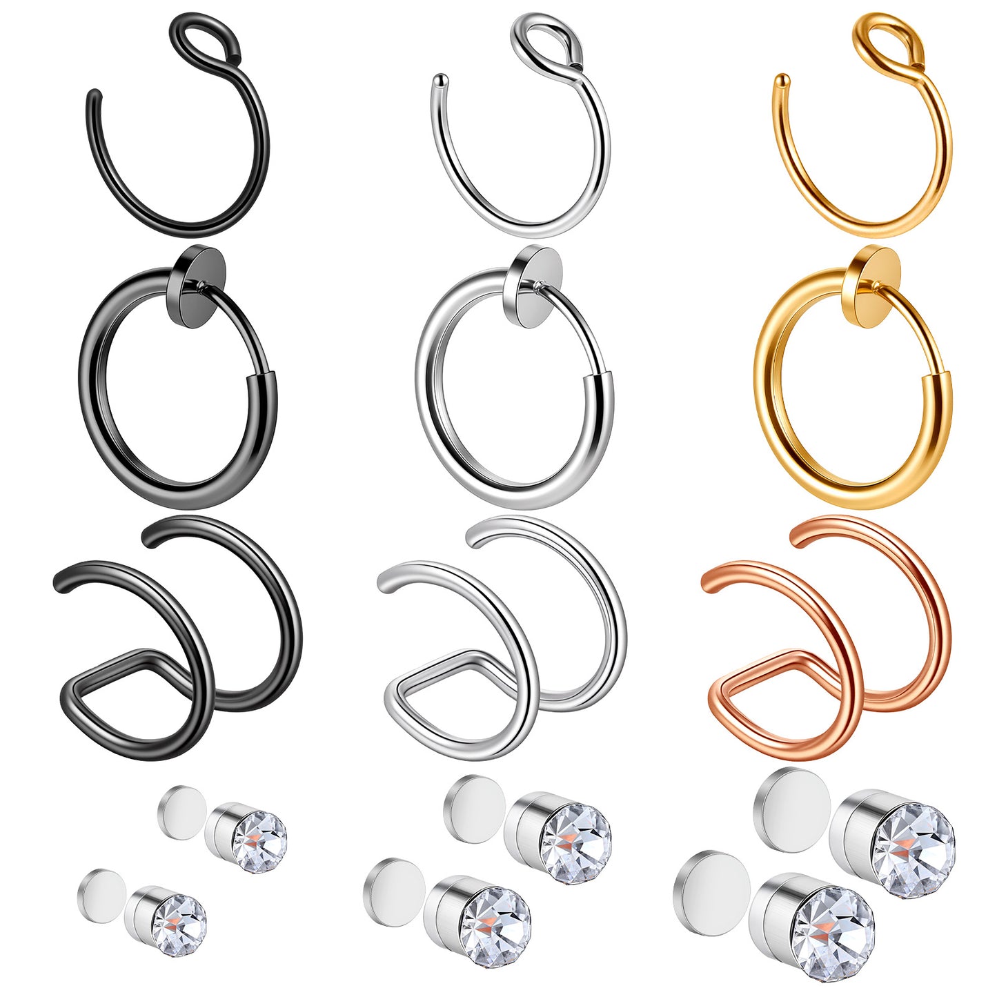 Neyauo Fake Nose Ring Hoop, Magnetic Septum Nose Ring Stud, Stainless Steel CZ Fake Nose Piercing Stud, Faux Nose Ear Lip Non Pierced Jewelry For Women Men