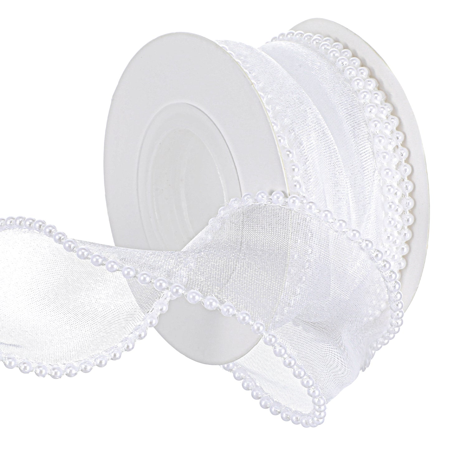 Pearl Edge Organza Chiffon Ribbon, Sheer Organza Ribbons Rolls with Faux Pearl Edge for Valentine's Day Wedding Crafts Gift Wrapping (White)