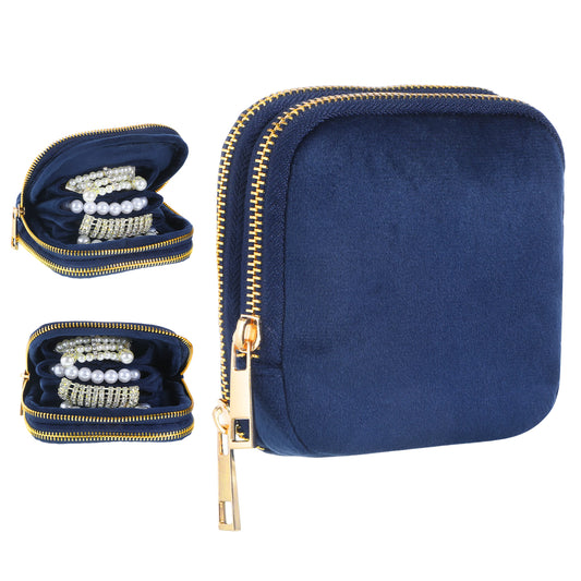 Gemoioio Double Layer Jewelry Pouch for Traveling, Velvet Small Jewelry Pouch with Separate Compartments, 2 Zipper 11-Pocket Mini Jewelrys Organizer Bag for Rings Earrings, Bracelets, Gifts(Navy)