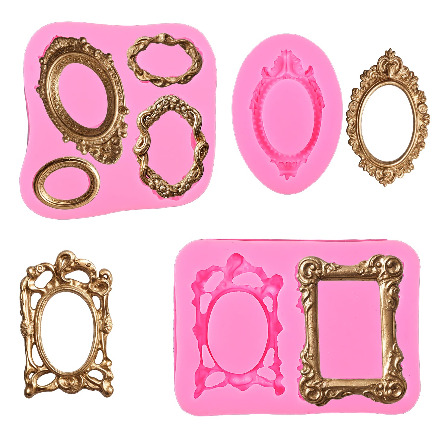 Photo Frame Fondant Molds Baroque Style Picture Frames Silicone Mold Frame Fondant Mold Silicone Fondant Molds for Cake Decorating Cupcake Topper Sugar Gum Paste Chocolate Candy Polymer Clay (Pink)