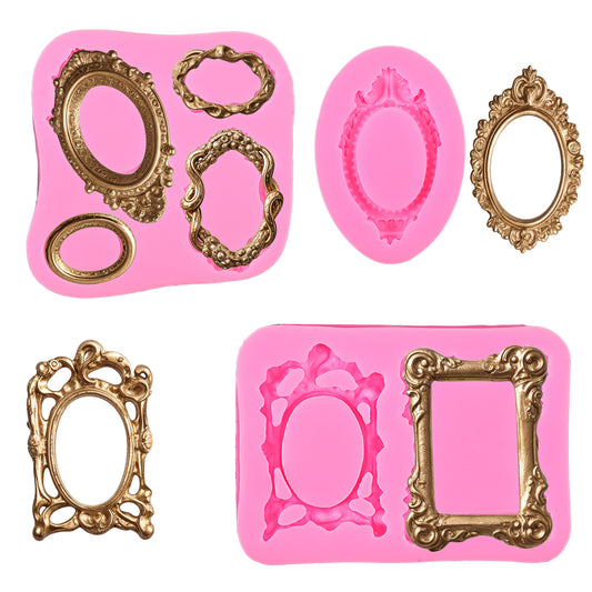 Photo Frame Fondant Molds Baroque Style Picture Frames Silicone Mold Frame Fondant Mold Silicone Fondant Molds for Cake Decorating Cupcake Topper Sugar Gum Paste Chocolate Candy Polymer Clay (Pink)