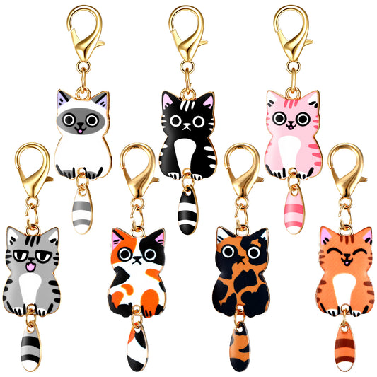 HaiFafafaing 7 Pcs Cute Cat Keychain - Alloy Metal Small Bag Charm Pendant - Kawaii Mini Cat Key Chain For Women Girls Lightweight Gift