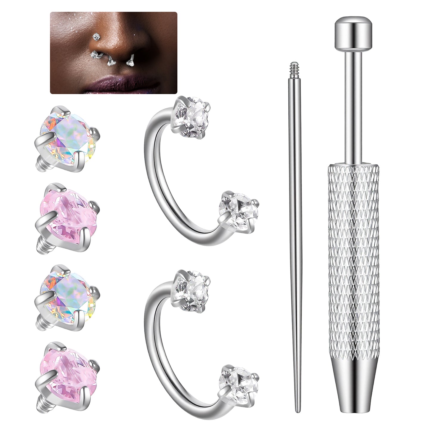 Neyauo 16g Silver Nose Stud Surgical Stainless Steel Horseshoe Nose Ring for Women Double Stud Gem 16 Gauge Screw Corkscrew Nostril Piercing Jewelry for Women Men Trendy