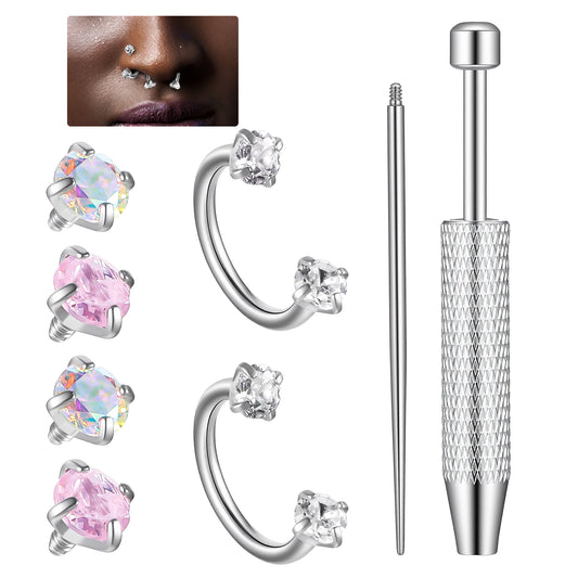 Neyauo 16g Silver Nose Stud Surgical Stainless Steel Horseshoe Nose Ring for Women Double Stud Gem 16 Gauge Screw Corkscrew Nostril Piercing Jewelry for Women Men Trendy