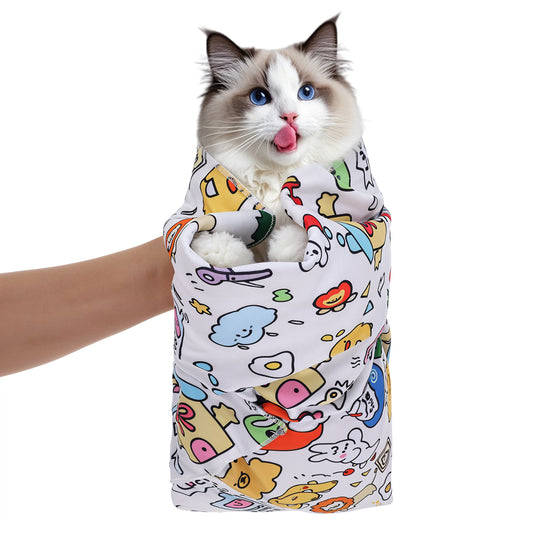 Graffiti Color Cat Wrap for Grooming Cat Swaddle for Nail Clipping 80 x 80 cm Self-Adherent Anti-Bite, Anti-Scratch, Multifunctional Pet Tool for Safe Nail Trimming