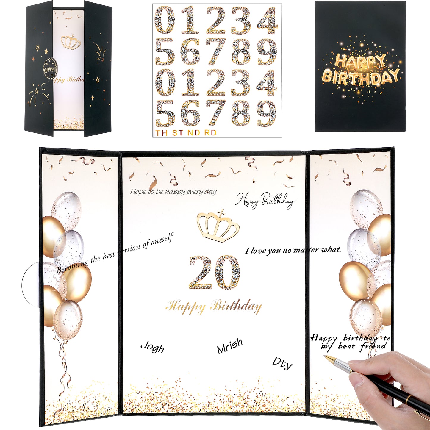 Giant Birthday Cards for Women Man,Gold and Black Happy Birthday Card with DIY Stickers 16.6 X 11.8 Funny Birthday Cards for Women Man, Guest Book for Party for Any Age
