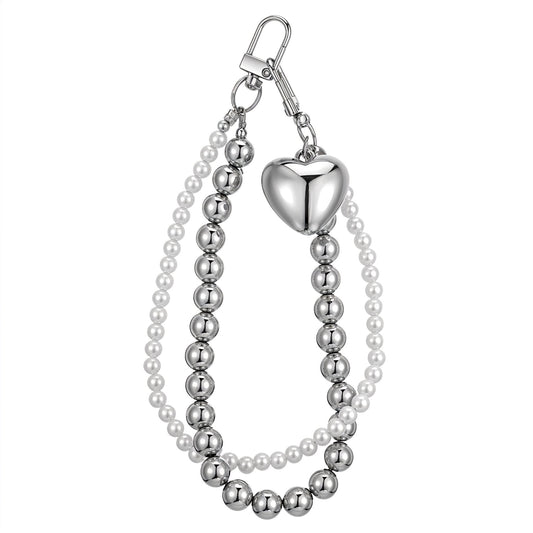 Telooco Y2K Keychain Silver Heart Pearl Clip Bag Charms Aesthetic Key Chain Purse Charms Backpack Key Pendant Accessories for Women