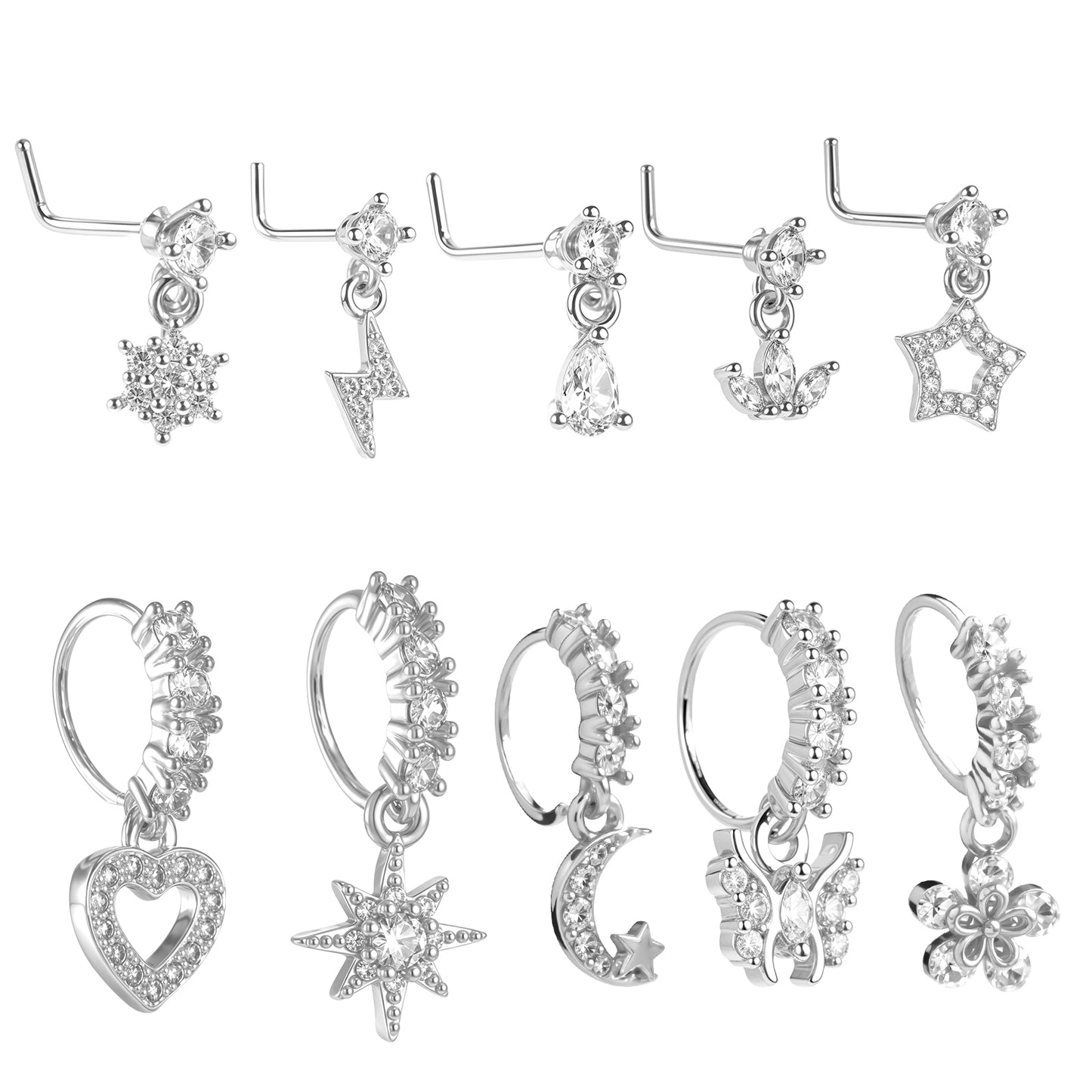 HekouJiub 10Pcs Dangle Nose Ring Hoop 20G CZ Dangling Nose Stud L Shaped with Charm Indian Piercing Jewelry for Women