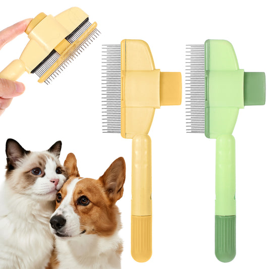 Flea Comb for Cats, 2PCS Pet Hair Removal Tool Cat Flea Comb & Dog Combs,with Self-Cleaning Stainless Steel Teeth, Tick Combs for Dogs, Yellow & Green