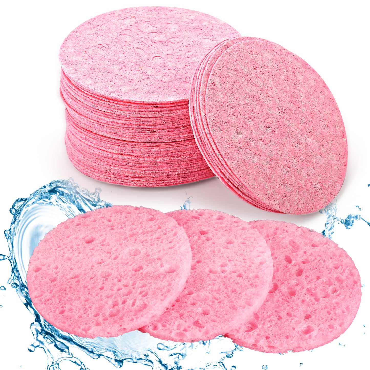60Pcs Facial Sponges, 100? Natural Wood Pulp Compressed Face Sponge, Facial Cleansing Sponge Face Exfoliating Pads for Daily Skin Care Deep Cleaning Makeup Removal (Pink)