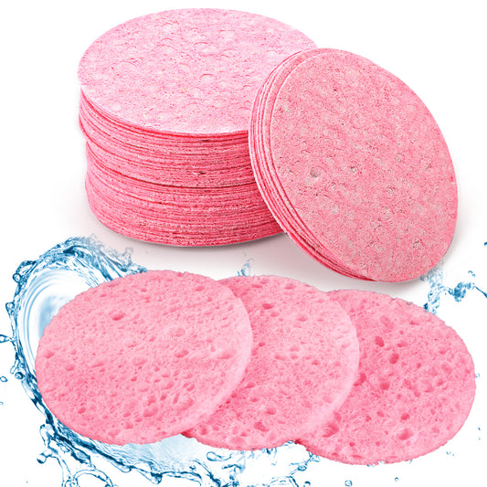 60Pcs Facial Sponges, 100? Natural Wood Pulp Compressed Face Sponge, Facial Cleansing Sponge Face Exfoliating Pads for Daily Skin Care Deep Cleaning Makeup Removal (Pink)