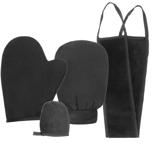 Self Tanning Mitt Applicator Set, 4-Piece Double Sided Self Tan Mitt with Mini Tanning Glove, Exfoliate Mitt and Ultra Soft Microfiber Back Lotion Applicator Apply Lotion