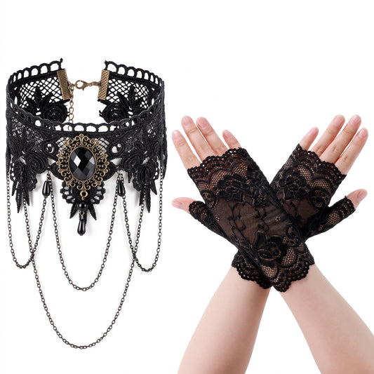 Gemoioio Black Lace Choker Necklace and Lace Fingerless Gloves