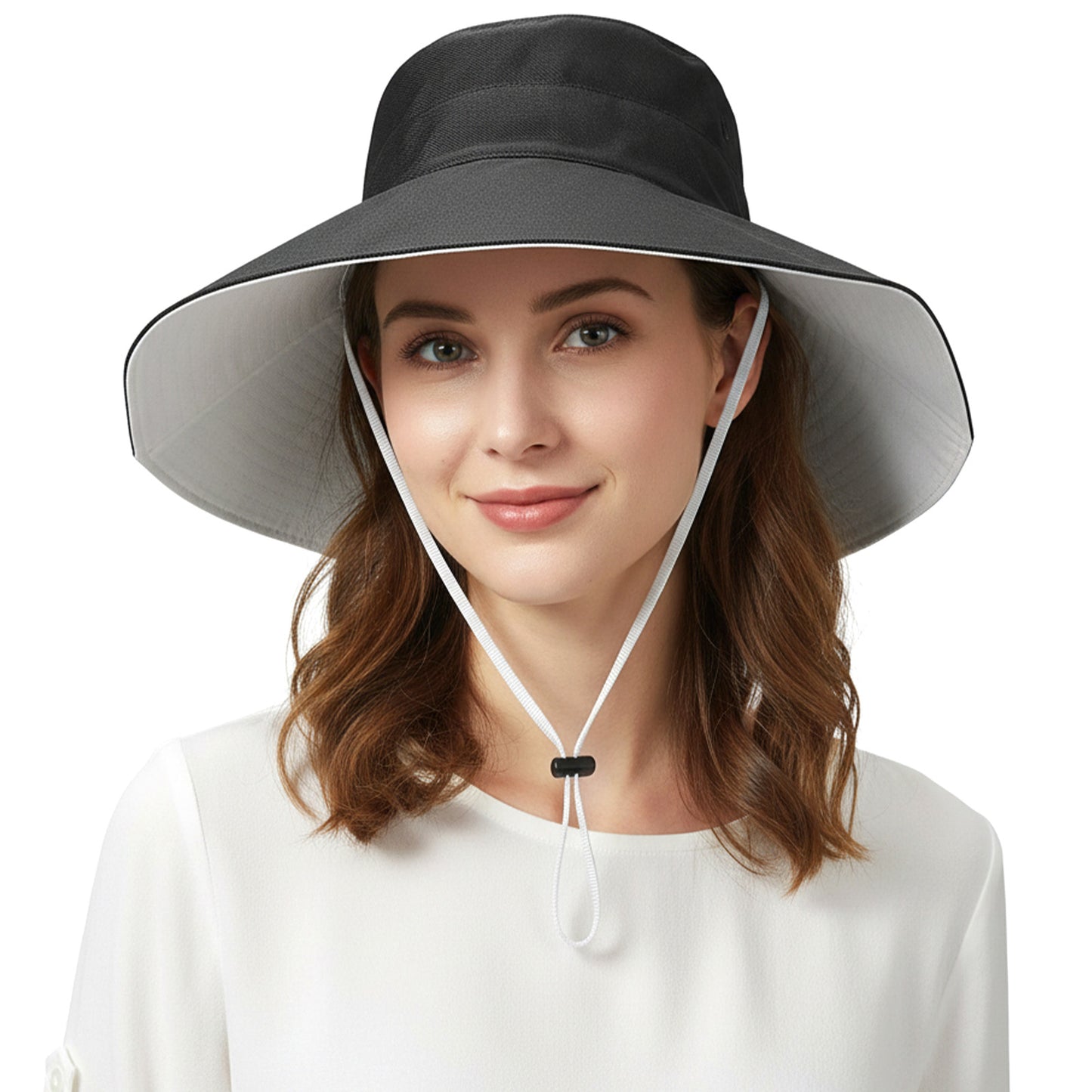 Gemoioio Packable Wide Brim Sun Hat for Women, UPF 50+ Large Brim Beach Hat with Adjustable Strap, Foldable Travel Summer Hat for Hiking, Gardening, Boating, UV Protection Black, White