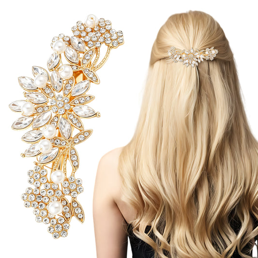 Crystal Pearl Hair Clip, Rhinestone Barrettes, Wedding Prom Hair Accessories Gold with Alligator Clip for Women Bride Bridesmaid