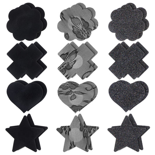 Josojoou 12 Pairs Breast Petals Black Nipple Tape No Show Invisible Sticky Disposable Nipple Covers for Women Rave Party