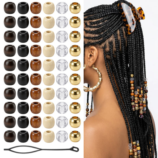 60 Pcs Wooden Hair Beads for Braids & Dreadlocks, Natural Wood Hair Cuffs with Large Holes, Vintage Boho Hairs Jewelry Accessories for Box Braids, Locs, Cornrows - DIY Crafts for Women, Men