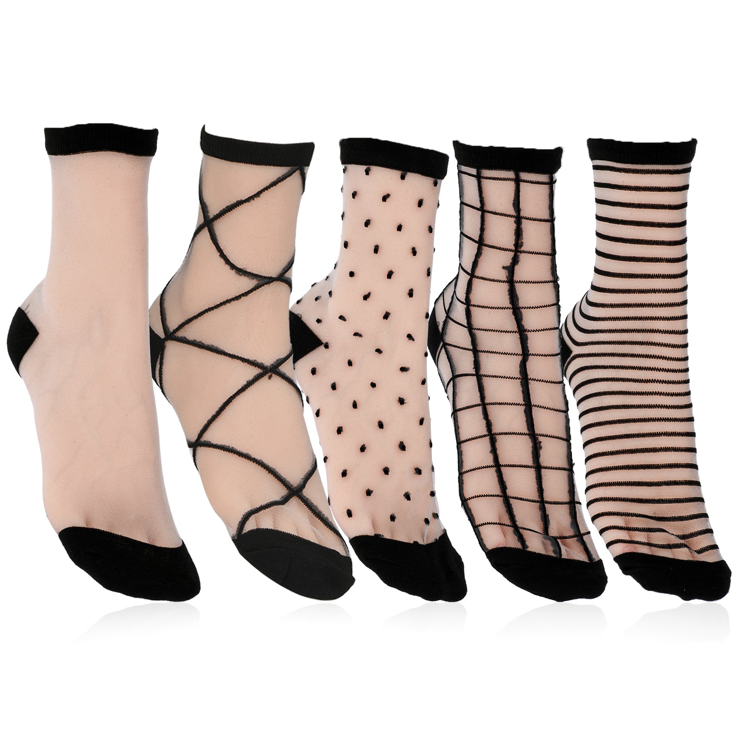 Lusofie 5Pairs Sheer Ankle Socks Black See Through Socks Striped Plaid Dot Cute Transparent Socks for Women Girls