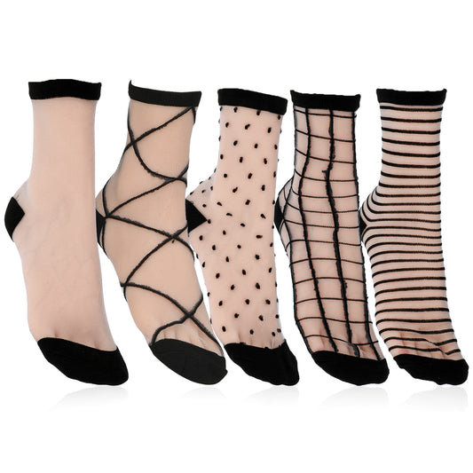 Lusofie 5Pairs Sheer Ankle Socks Black See Through Socks Striped Plaid Dot Cute Transparent Socks for Women Girls