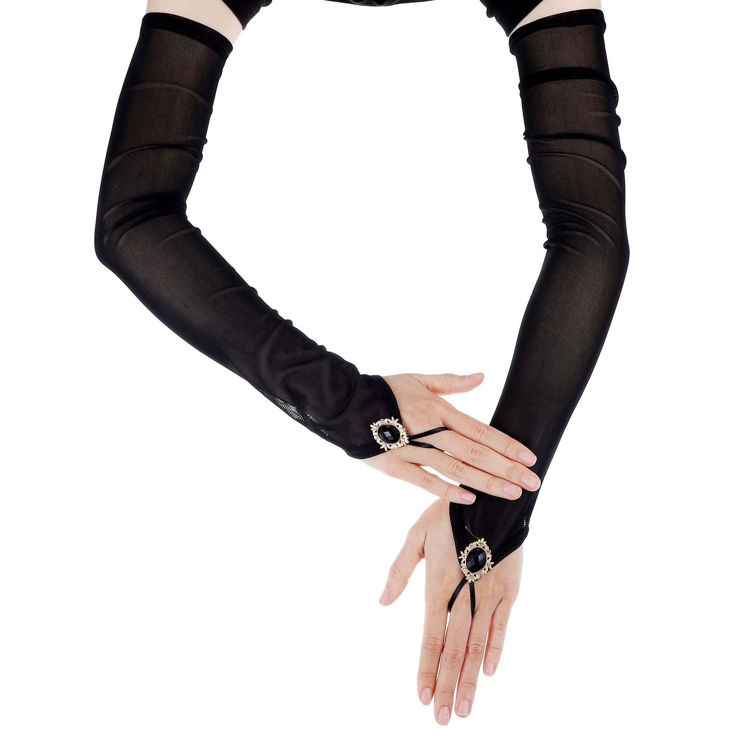 HaiFafafaing Black Fingerless Gloves Long Sheer Gloves Elbow Length Tulle Gloves for Women Mesh Gloves Lace Arm Sleeves Diamond Long Black Gloves For Wedding Bridal Opera Prom Tea Party Costume