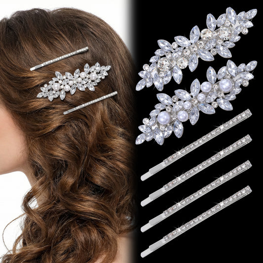 6Pcs Rhinestone Hair Clips for Women 2 Styles Silver Hair Barrettes Sparkly Crystal Pearl Flower Wedding Hair Clips Elegant Hairpins for Women Wedding Party Ceremonies Proms Hair Accessories