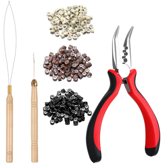 Hair Extension Tools Kit 600Pcs Silicone Lined Micro Rings, Hair Pliers Pulling Hook for Tinsel and Feather Sew in Extension Kit