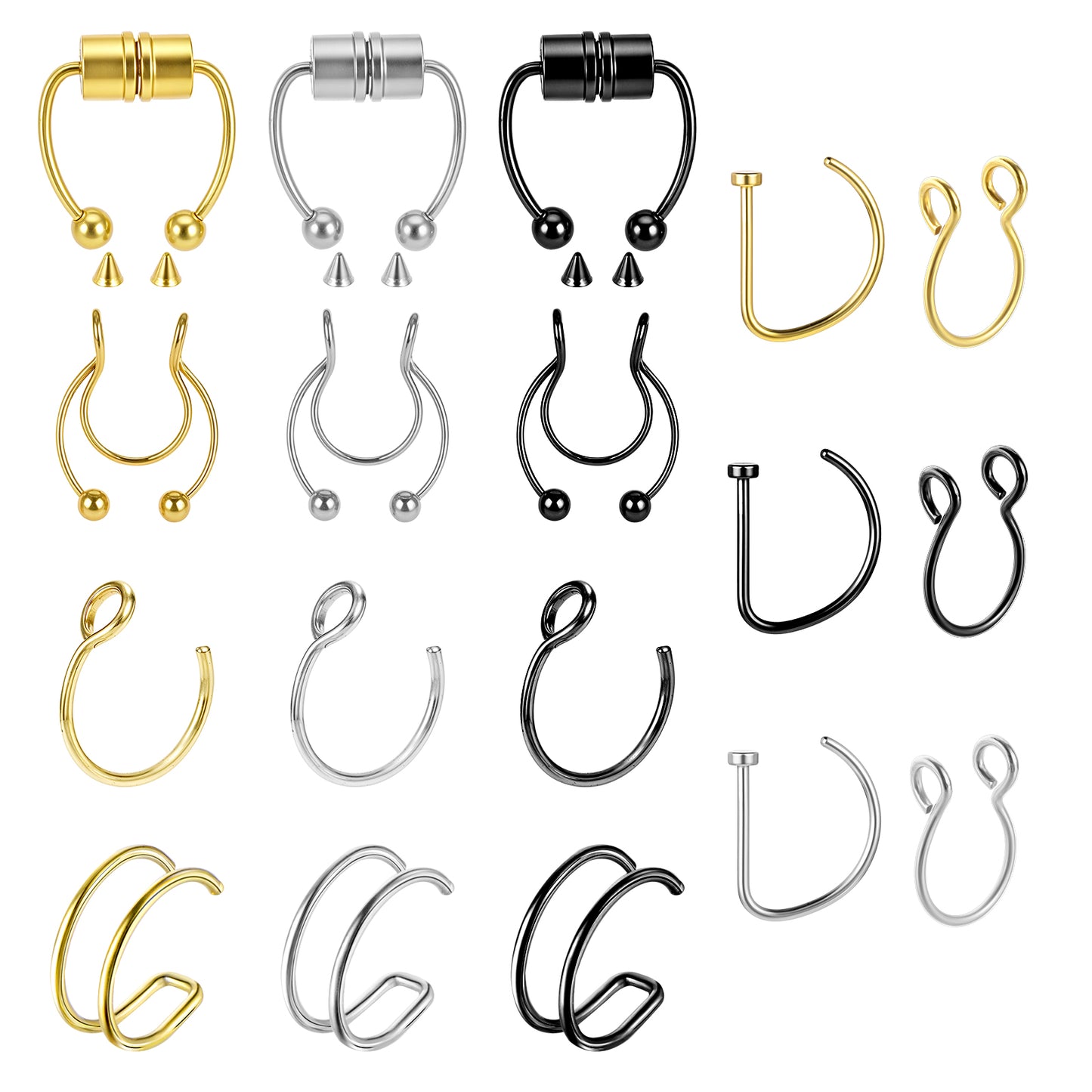 Lusofie 18Pcs Fake Nose Ring Stainless Steel，Fake Nose Piercing, Gold Nose Ring for Women Nose, Lip, Septum