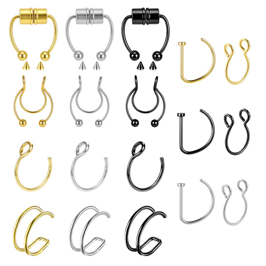 Lusofie 18Pcs Fake Nose Ring Stainless Steel，Fake Nose Piercing, Gold Nose Ring for Women Nose, Lip, Septum