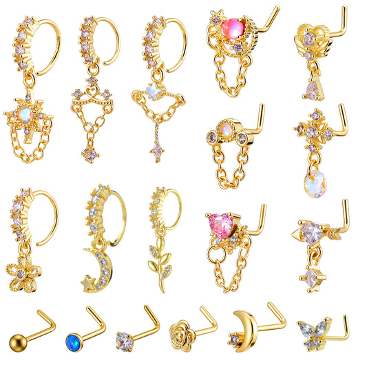 Telooco 18Pcs 20G Dangle Nose Ring Hoop Gold L Shaped Nose Stud with Charm Copper CZ Flower Star Butterfly Heart Dangly Nose Piercing Jewelry for Women