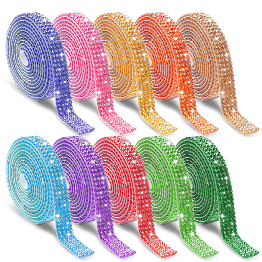 10 Rolls Crystal Rhinestone Ribbon Self Adhesive Rhinestone Strips 1 Yard Glitter Diamante Tape Assorted Colors Diamond Ribbon Roll for DIY Phone Car Crafts Party Decor (Colors-2)