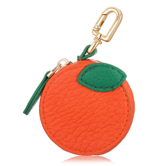 Orange Mini Coin Purse for Keys, Cute Fruit Charm for Bags & Purses | PU Leather Travel Pouch Gift for Women Girls (Compact, Zipper Closure)