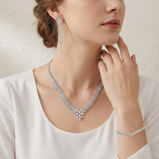 Gemoioio Wedding Jewelry Sets for Brides, Rhinestone Earrings Necklace Bracelet Jewelry Set, Crystal Silver Bridal Jewelrys Sets for Women Party Prom