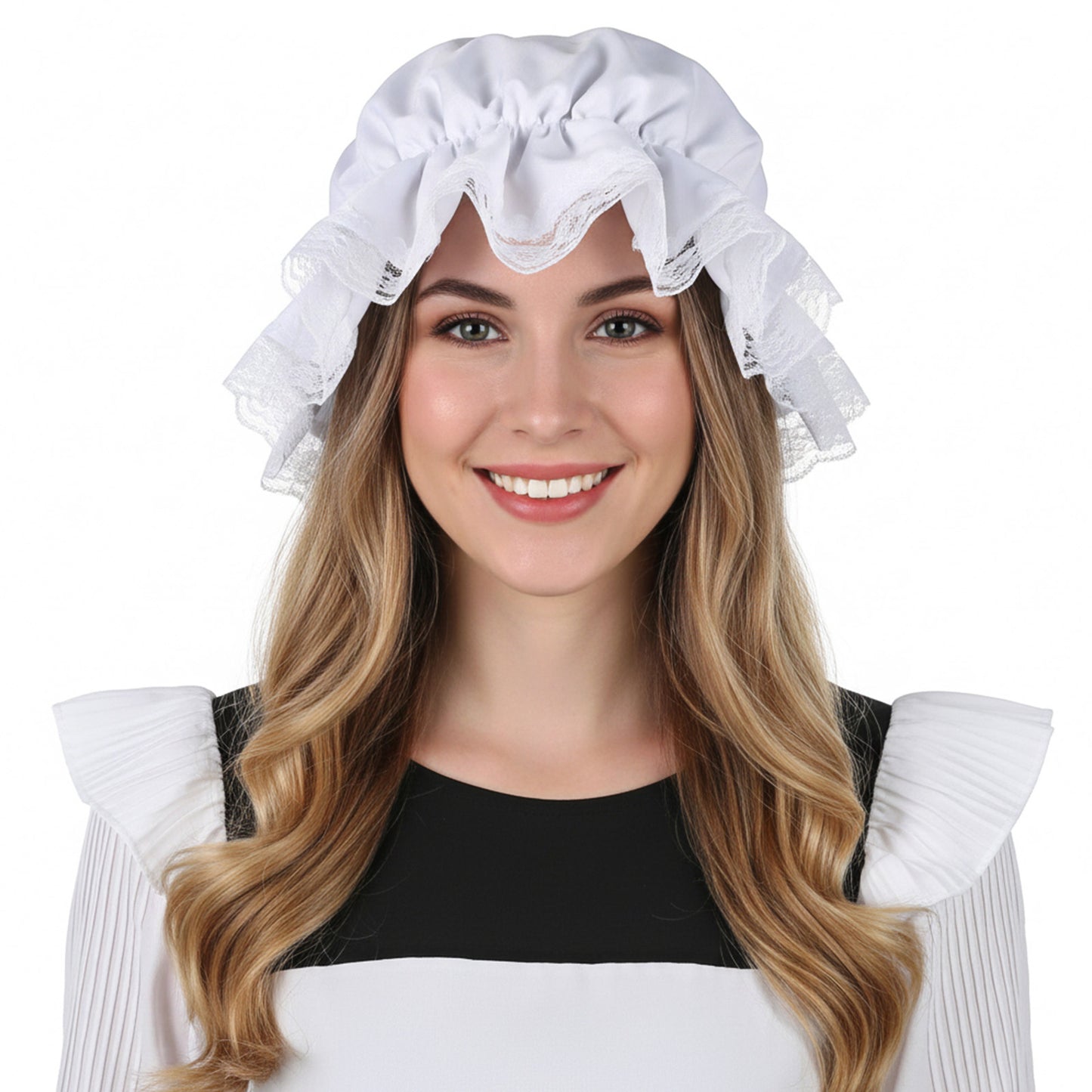 Tucnoeu White Colonial Hat, Elastic Colonial Mop Cap Halloweens Costume Bonnets Colonial Costume Pilgrim Hats Traditional Bonnet Mop Cap Pilgrim Costume