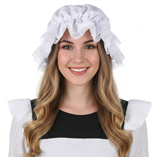 Tucnoeu White Colonial Hat, Elastic Colonial Mop Cap Halloweens Costume Bonnets Colonial Costume Pilgrim Hats Traditional Bonnet Mop Cap Pilgrim Costume