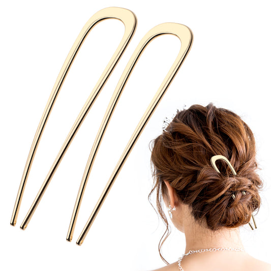 Lusofie 2Pcs French Hair Pins U-Shaped Large Hair Pins Metal 2 Prong Hair Fork French Twist Stick for Women(5.51x 1.38inch, Gold)