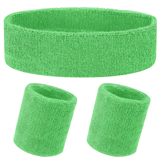 Yolev 3Pieces Sweatband Set, Sports Headband and Wristbands, Set of 1 Headband and 2 Wristbands, for Athletic Men and Women, Black and Neon Green, One Size(Green)